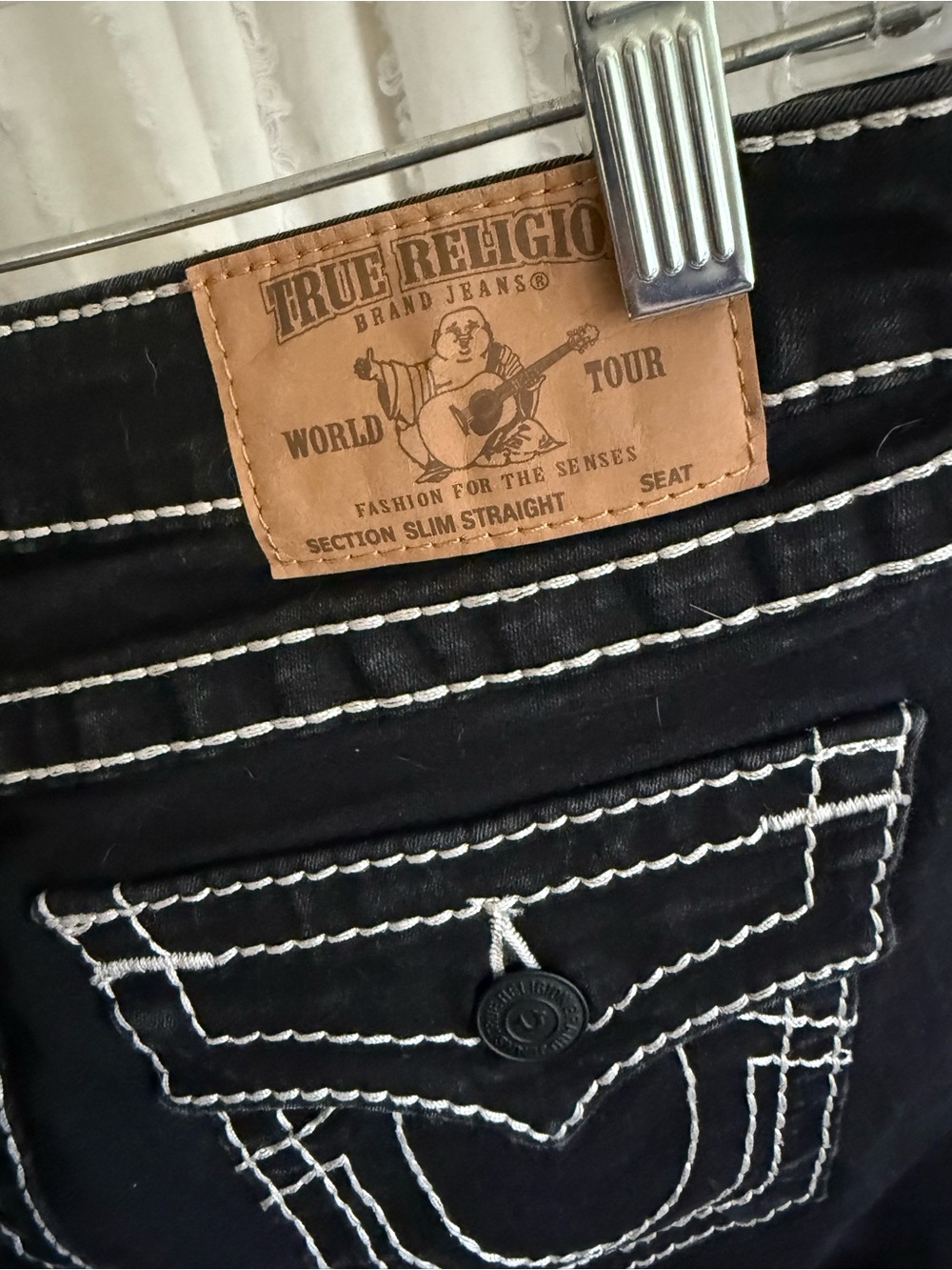 True Religion Black Jeans with White Stitching and Leather Patch